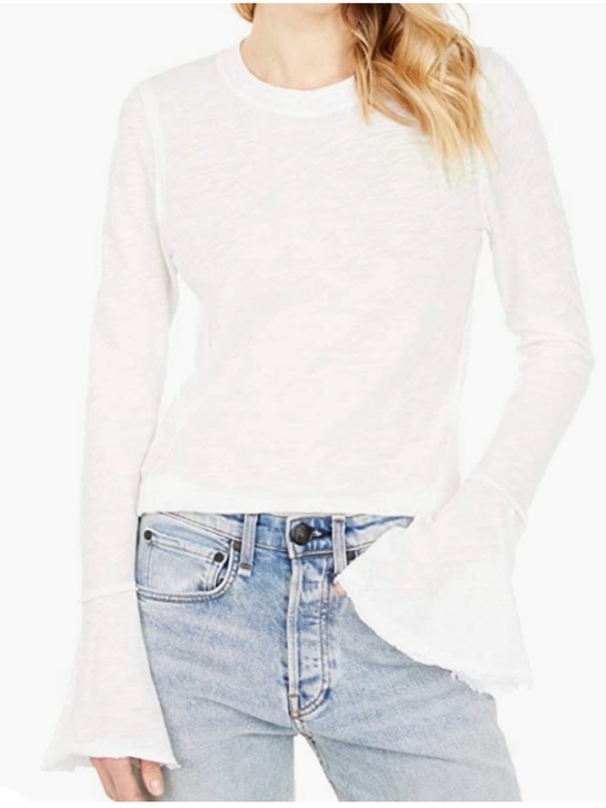 Free People Tops - Free People White Long-Sleeve Crewneck Top with Flared Cuffs